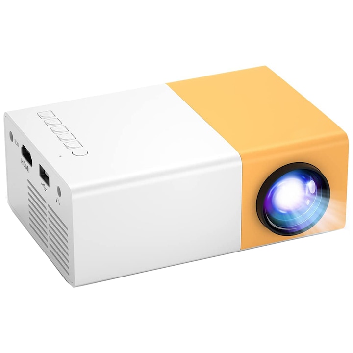 Мини видео проектор, LED, 1920x1080 пиксела, Преносим, С дистанционно управление, HDMI/USB, Бял/Жълт