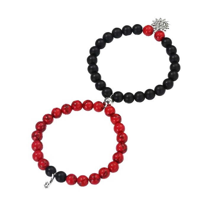 Set bratari cuplu cu magnet, roca semipretioasa, pandantive soare si luna, unisex, neagra si rosie, EFAYN