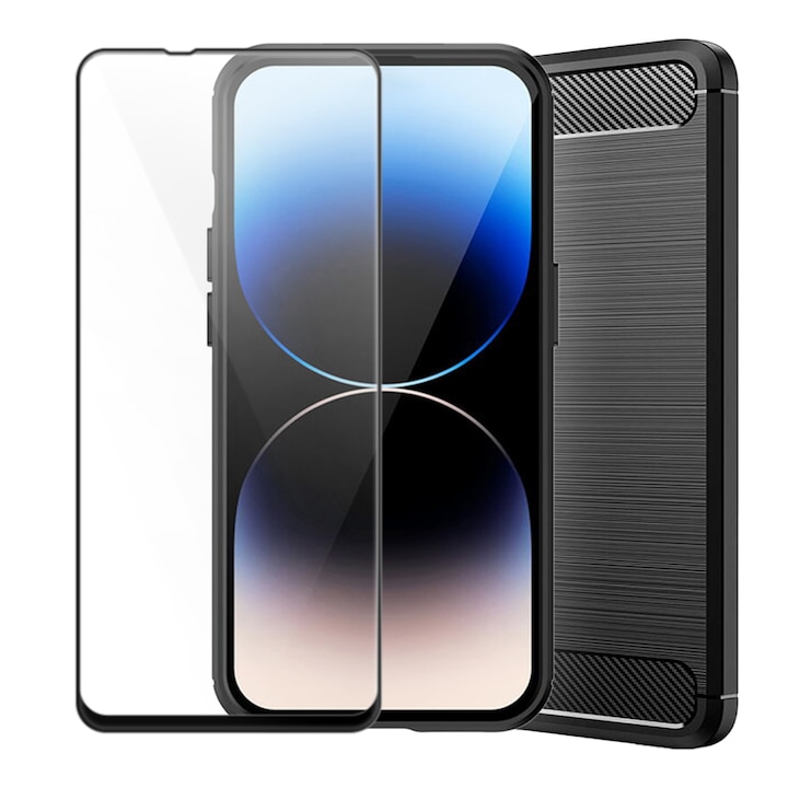 Комплект-пакет Carbon заден капак и 5D Secure Glass Screen Foil за OnePlus 8T, дълготрайна устойчивост, пълна 360 защита, черен