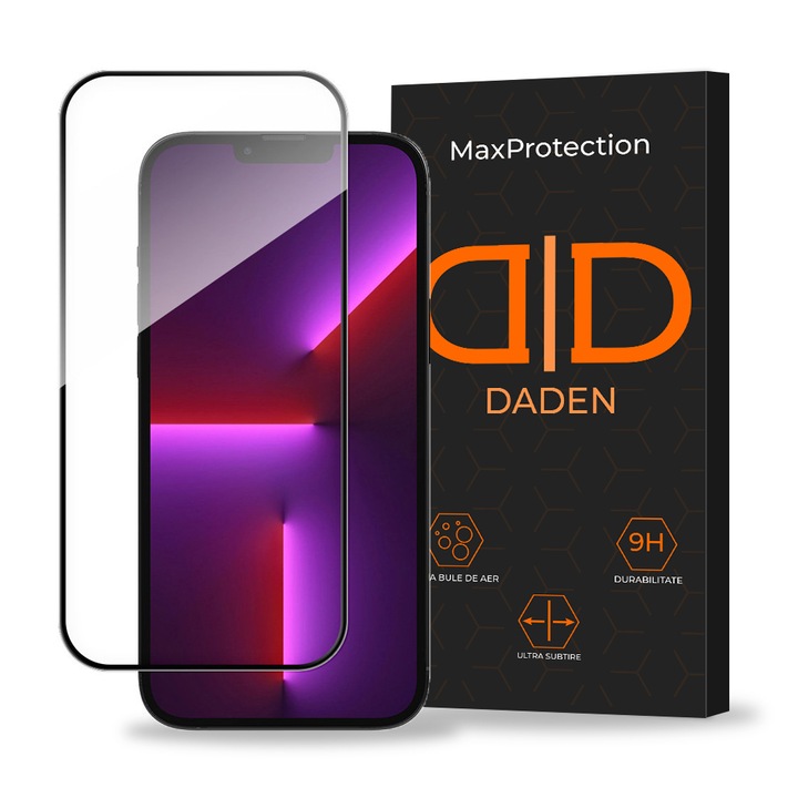 Daden MaxProtection üvegfólia iPhone 13-hoz, teljes borítás, professzionális védelem, ultra ellenálló, prémium minőség, fekete élek