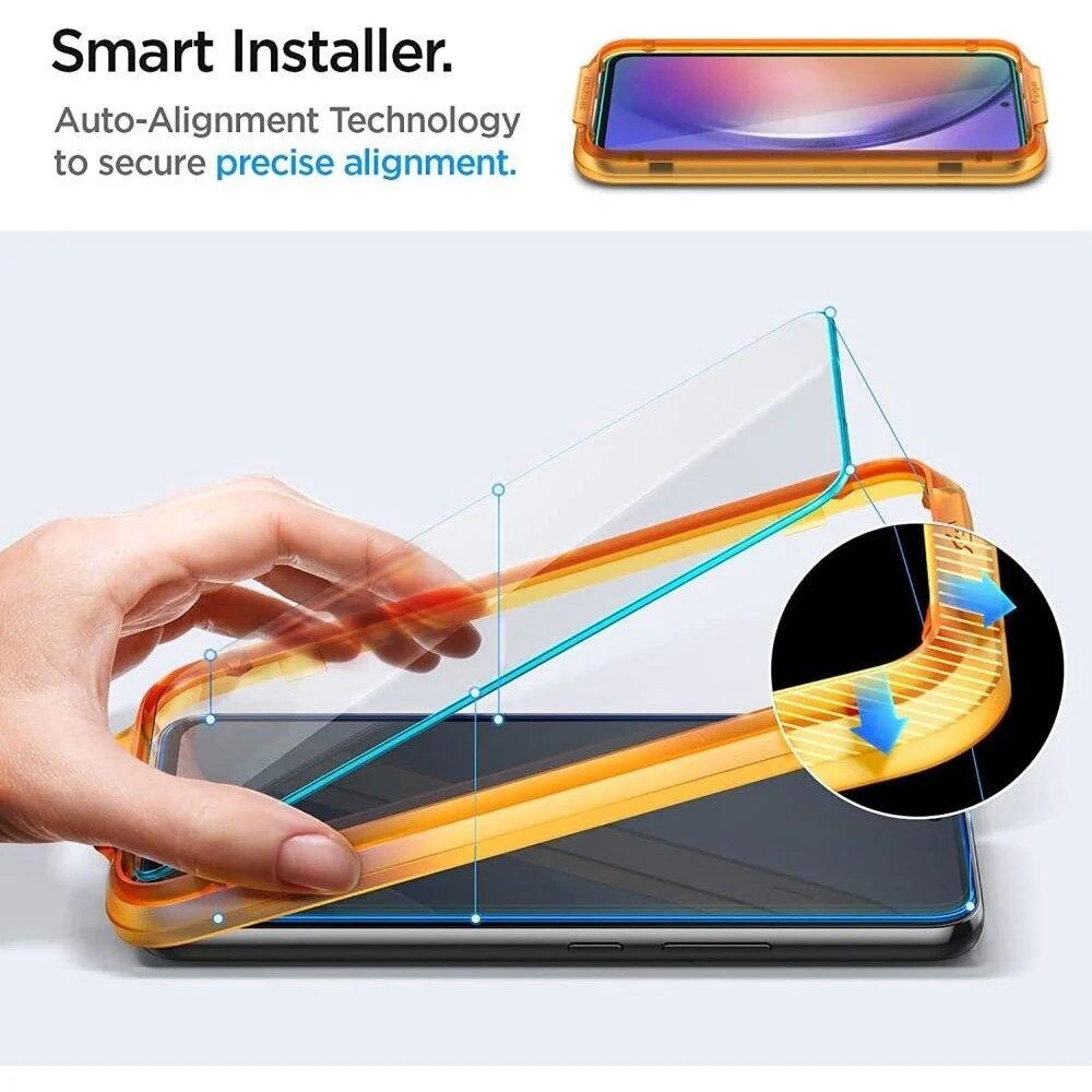 Set 2 folii sticla transparente cu sistem de montare Case friendly Spigen ALM GLAStR compatibil cu Samsung Galaxy A54 5G