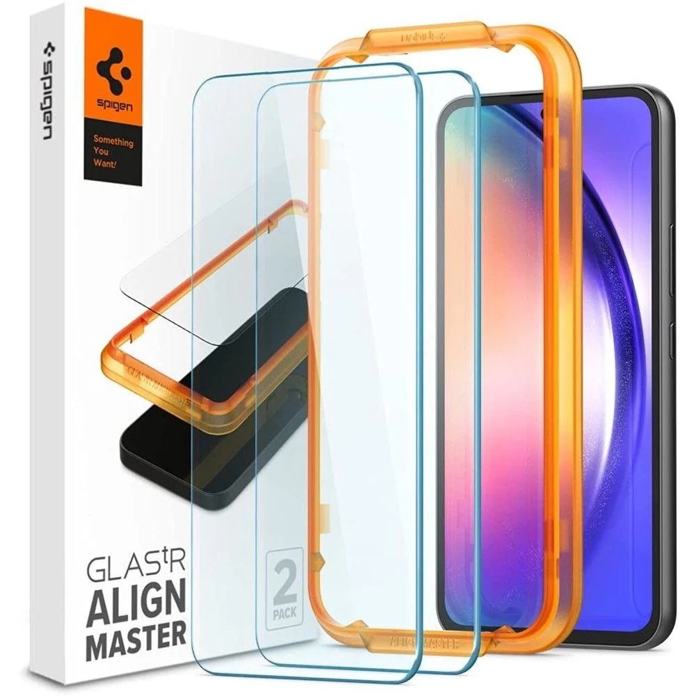 Set 2 folii sticla transparente cu sistem de montare Case friendly Spigen ALM GLAStR compatibil cu Samsung Galaxy A54 5G