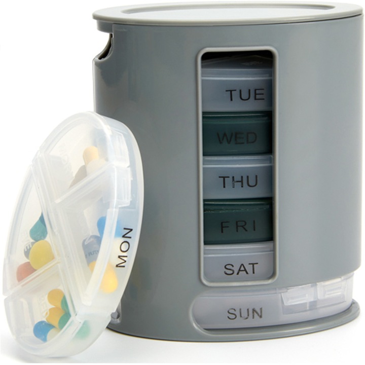 Cutie pastile, runda, organizator medicamente saptamanal, recipiente detasabile cu 4 compartimente, gri, 12 x 6 cm