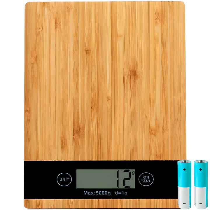 Cantar de bucatarie, 5kg, tara, LCD, Indicator baterie descarcata, functie cantarire lichide, 1 gr., bol pentru produse vrac, Bambus