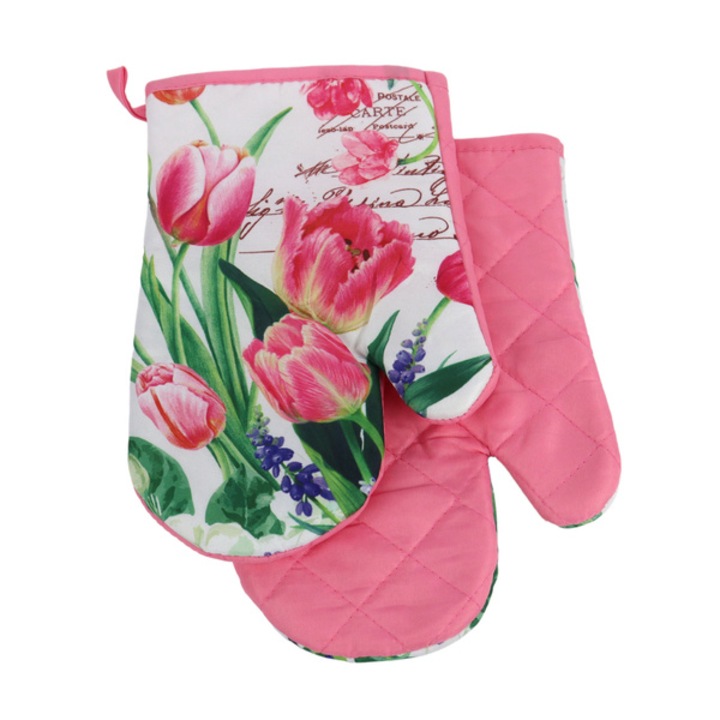 Konyhai kesztyű 18x27 mágnessel 2 db fehér rózsaszín tulipánnal