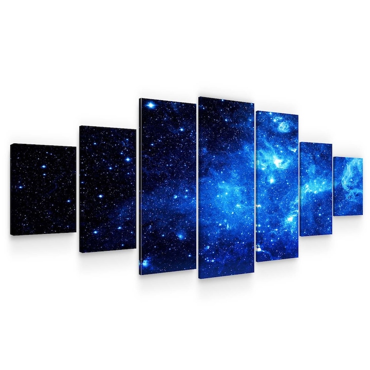 Set Tablou DualView Startonight Spatiu albastru, 7 piese, luminos in intuneric, 100 x 240 cm (1 piesa 40 x 100 cm, 2 piese 35 x 90 cm, 2 piese 30 x 60 cm, 2 piese 30 x 40 cm)