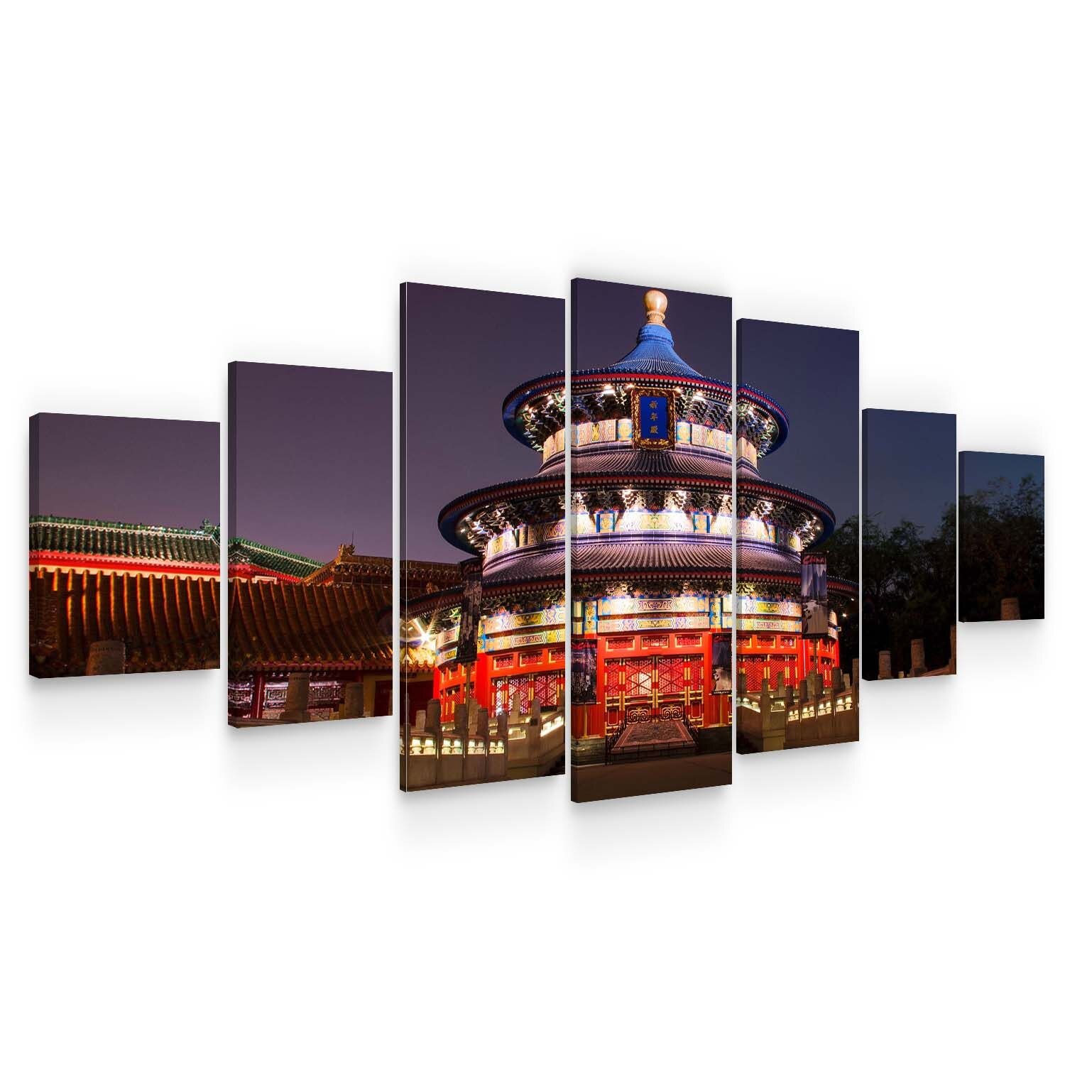 Set Tablou DualView Startonight Templu noaptea, 7 piese, luminos in intuneric, 100 x 240 cm (1 piesa 40 x 100 cm, 2 piese 35 x 90 cm, 2 piese 30 x 60 cm, 2 piese 30 x 40 cm)