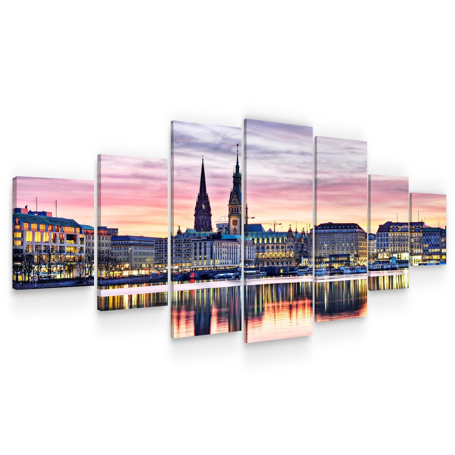 Set Tablou DualView Startonight Panorama urbana, 7 piese, luminos in intuneric, 100 x 240 cm (1 piesa 40 x 100 cm, 2 piese 35 x 90 cm, 2 piese 30 x 60 cm, 2 piese 30 x 40 cm)