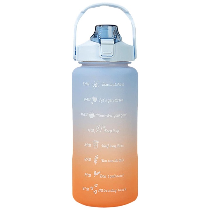 Бутилка за вода, SIPENOUGH, Пластмаса, С маркер за време, 2L, Оранжево/Синьо