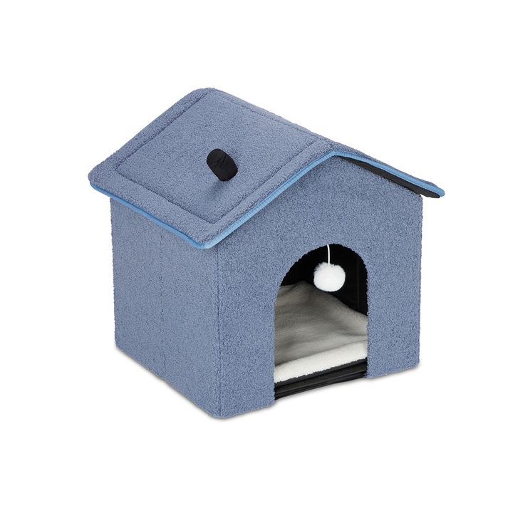 Casuta pentru pisici cu culcus, pliabila, material moale, albastru, Marime 44 x 48 x 45 cm