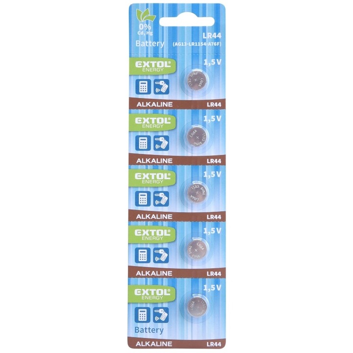 Set 5 baterii alcaline, Extol, 1,5 V (LR44)