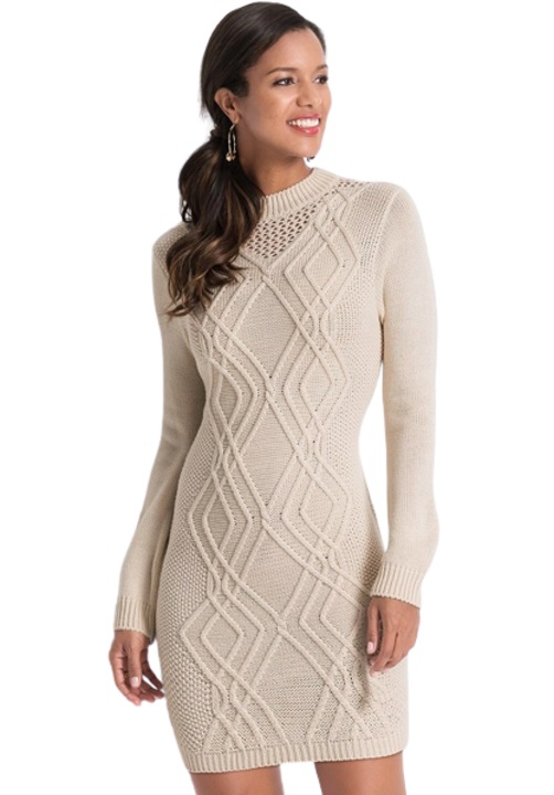 Дамска плетена рокля, бежова, M, с принт, кръгло деколте