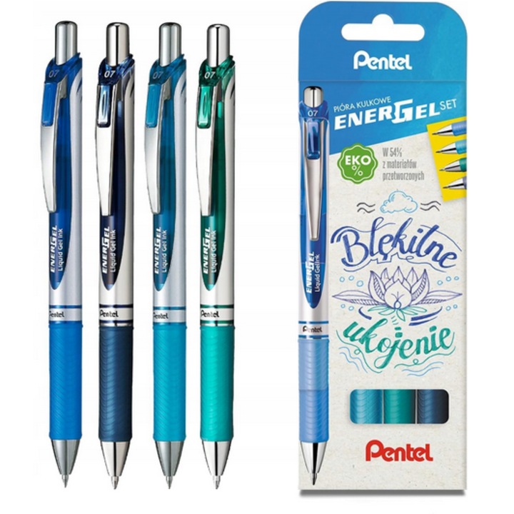 Комплект 4 гел химикалки, Pentel, ENERGEL, Blue