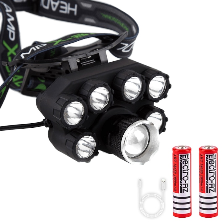 Lanterna De Cap, 7 Led XT6 CREE, Premium, 2 Acumulatori 3,7V, Negru