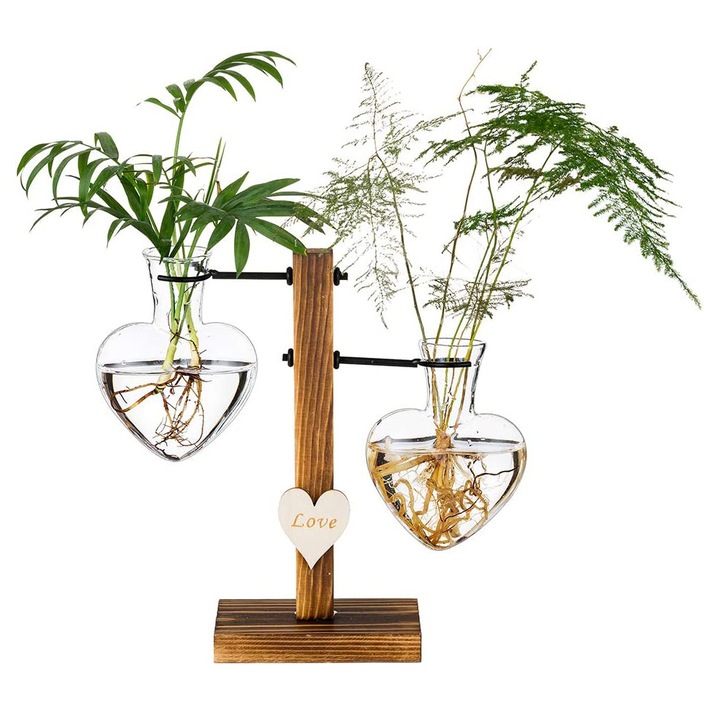 Vaza hidroponica decorativa, Inima, OYULAF, Maro/Transparent