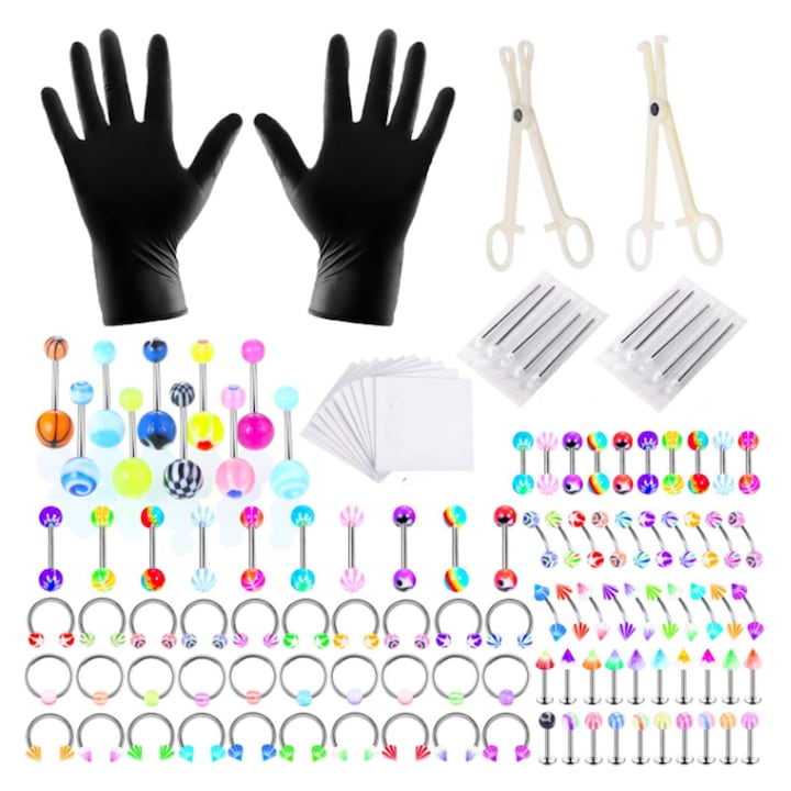 Piercing készlet, Rozsdamentes acél, 124 db, Többszínű