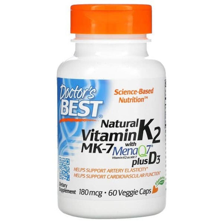 Витамин K2 MK7 естествен MK7 с MenaQ7 плюс витамин D3 180mcg, Doctor's Best, 60 капсули