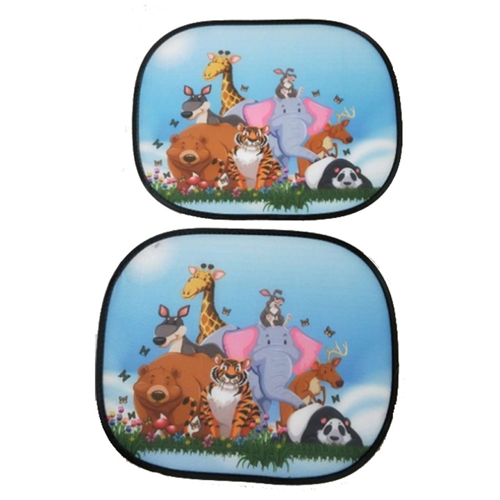 Set 2 parasolare auto pentru copii, Animale, 44x36cm, Multicolor