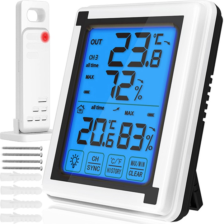 Statie Meteo fara Fir cu Senzor Exterior, Termometru si Higrometru, Masurare Temperatura si Umiditate, LCD, Alb