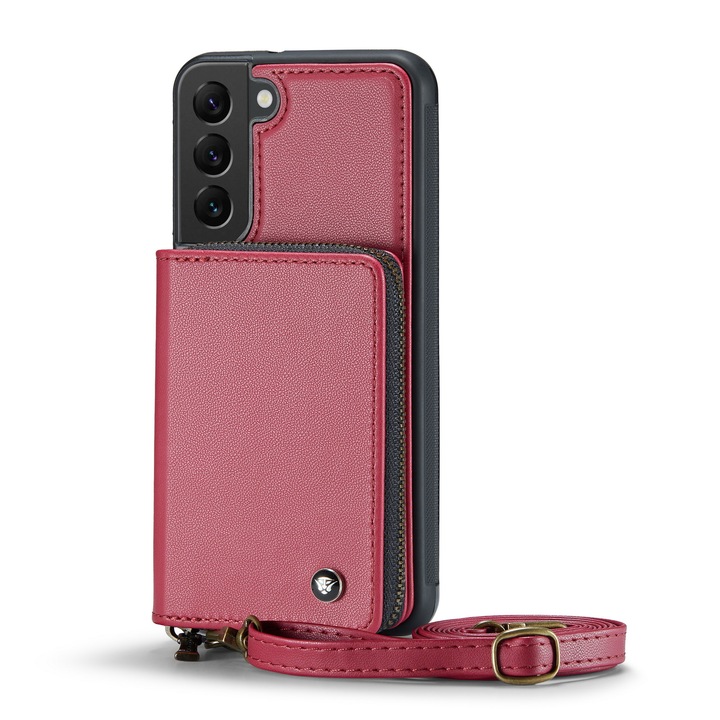 Калъф за Samsung Galaxy S22 Plus, CaseMe, кожа с много фина текстура, заден капак с портфейл, джоб с цип, 2 подвижни презрамки, RFID защита, стойка, Червено