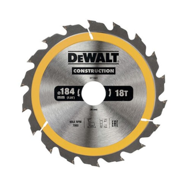Panza fierastrau circular Dewalt CONSTRUCTION, 184x30x2.6mm, 18 dinti