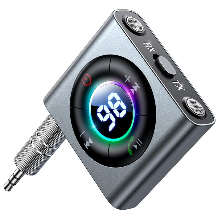 Transmitator Bluetooth Joyroom, Handsfree, acumulator 300 mAh, afisaj LED, port USB Type-C, diemsniuni reduse, gri