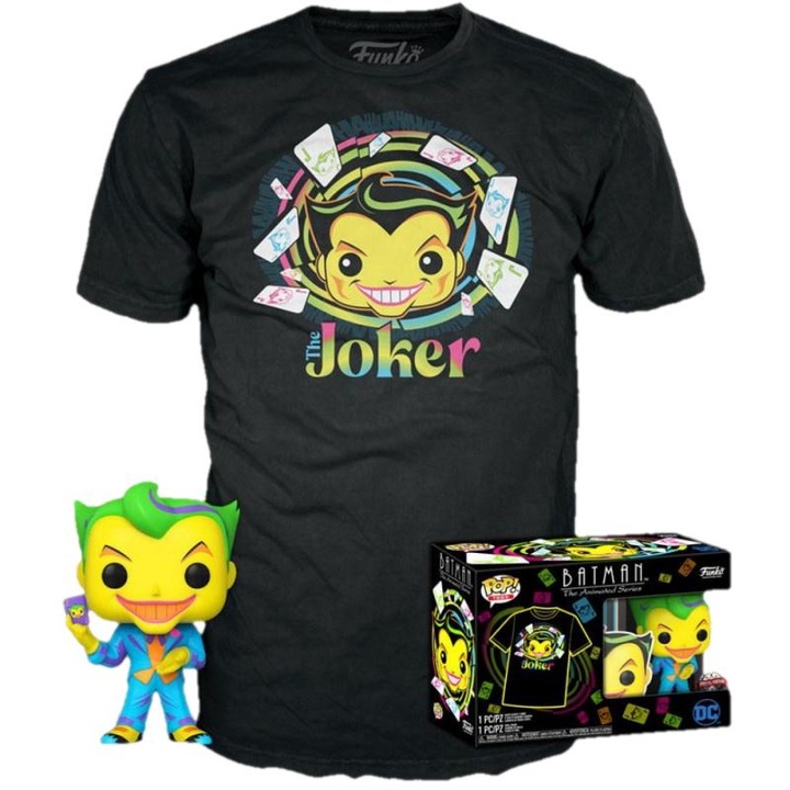 Set figurina si tricou, Funko POP, Bumbac/Vinil, Colectia Batman, Personaj Joker, Marime tricou L, Negru