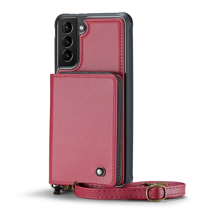 Калъф за Samsung Galaxy S21 Plus, CaseMe, кожа с много фина текстура, заден капак с портфейл, джоб с цип, 2 подвижни презрамки, RFID защита, стойка, Червено