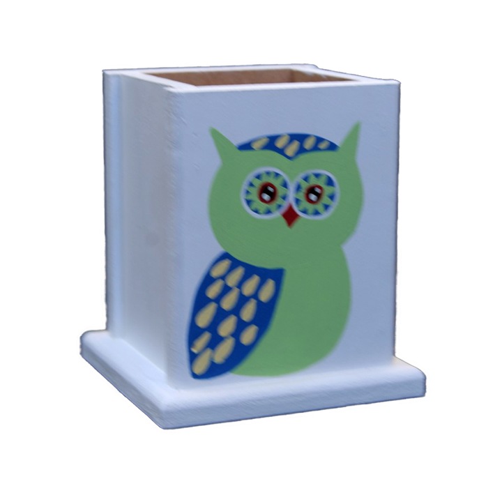 Evőeszköz/edénytartó, Bagoly, fa, 10 x 10 x 14 cm