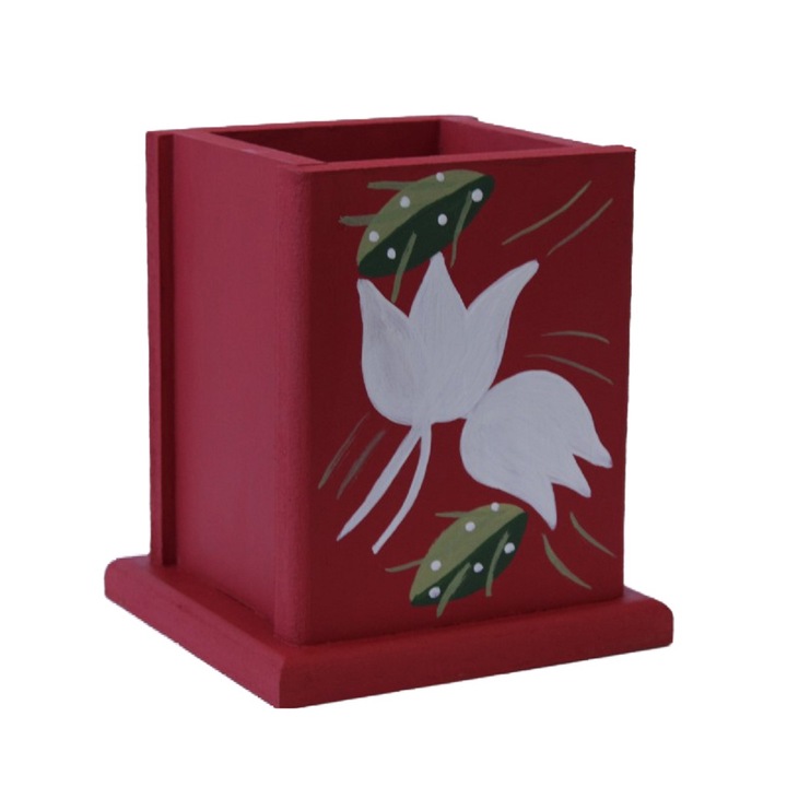 Evőeszköz/edénytartó, fa, rusztikus piros, 10 x 10 x 14 cm