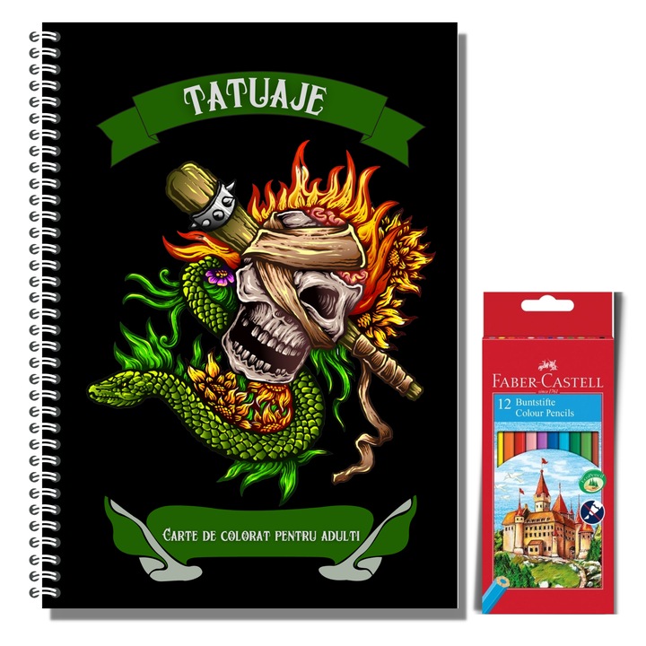 Carte de Colorat pentru Adulti, 50 Mandale cu Tatuaje si Set 12 Creioane Colorate, Fabber Castell, 104 Pagini