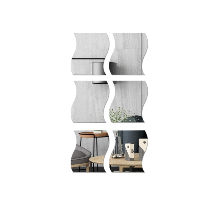 Set 6 Oglinzi Acrilice Autoadezive Luxer, Model Valuri, Size M, 12x10 cm