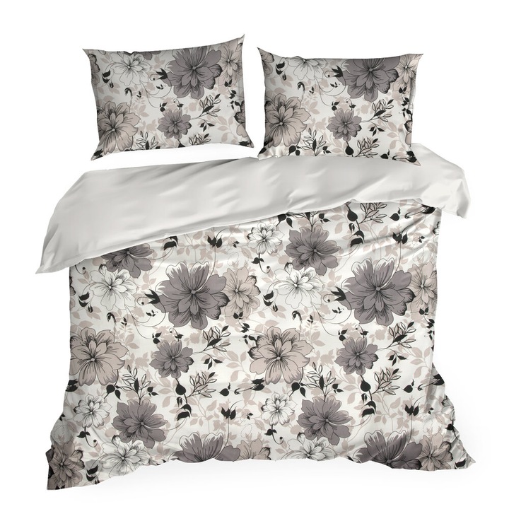 Lenjerie de pat din satin SPRING 160x200 Eurofirany alb graphite bej negru flori