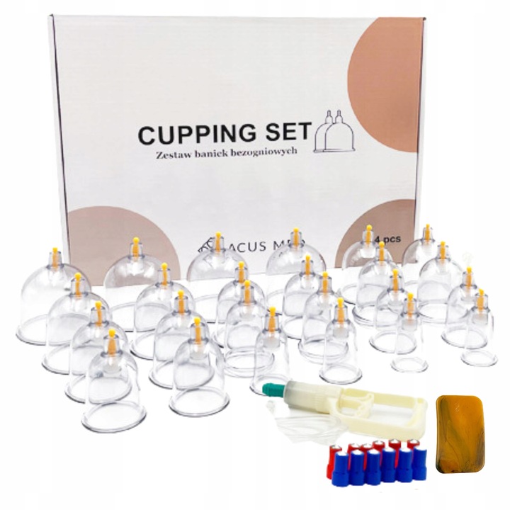 Set de masaj cu 24 ventuze vacuum Acus Med si pompa, ideal pentru tratament anticelulitic, remodelare corporala si stimularea circulatiei, uz profesional sau acasa