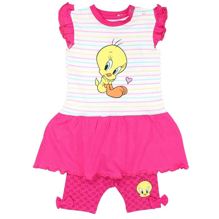Rochita fetite cu personajul Tweety, Disney, si colanti, din Bumbac, set haine copii din 2 piese, Roz, Roz