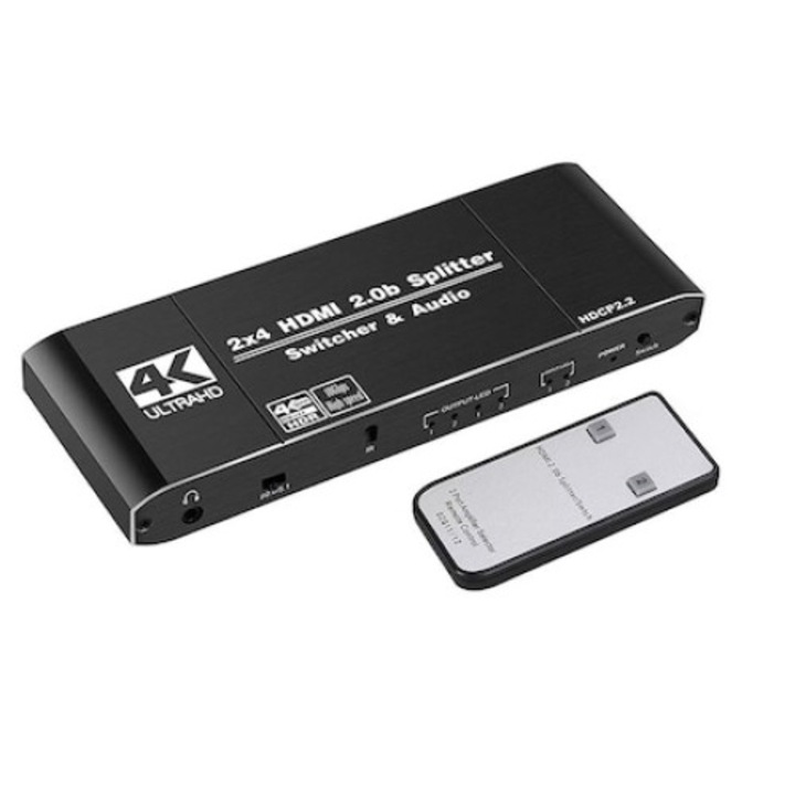 HDMI хъб 2.0b, 2 входа и 4 изхода, 4K@60Hz, аудио екстрактор 2.0/5.1ch, HOPE R