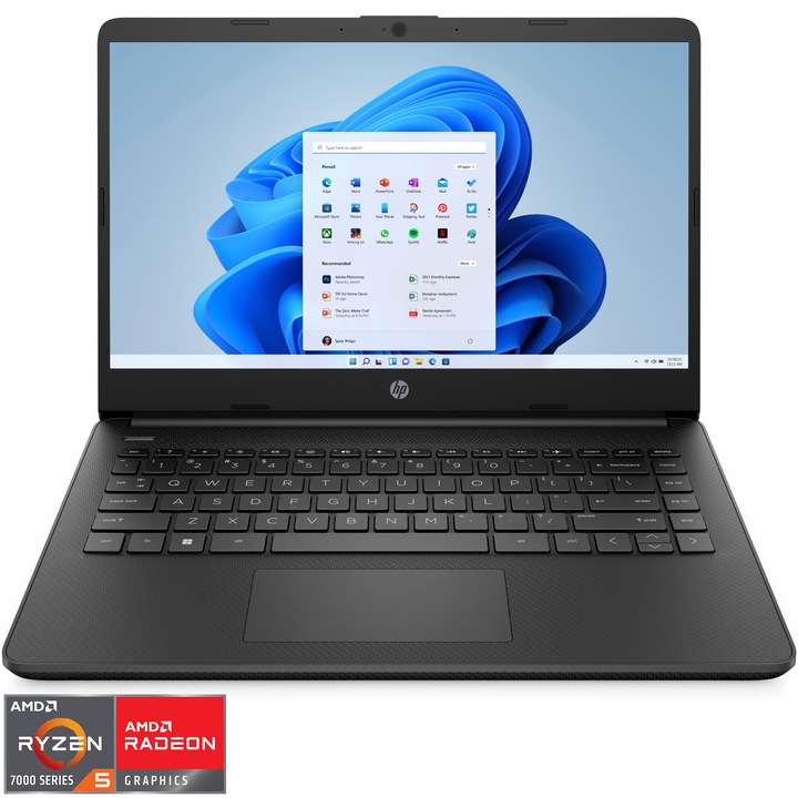 Laptop HP 14-em0007nq cu procesor AMD Ryzen™ 5 7520U pana la 4.30 GHz, 14", Full HD, 8GB DDR5, 512GB SSD, AMD Radeon™ Graphics, Windows 11 Home, Black