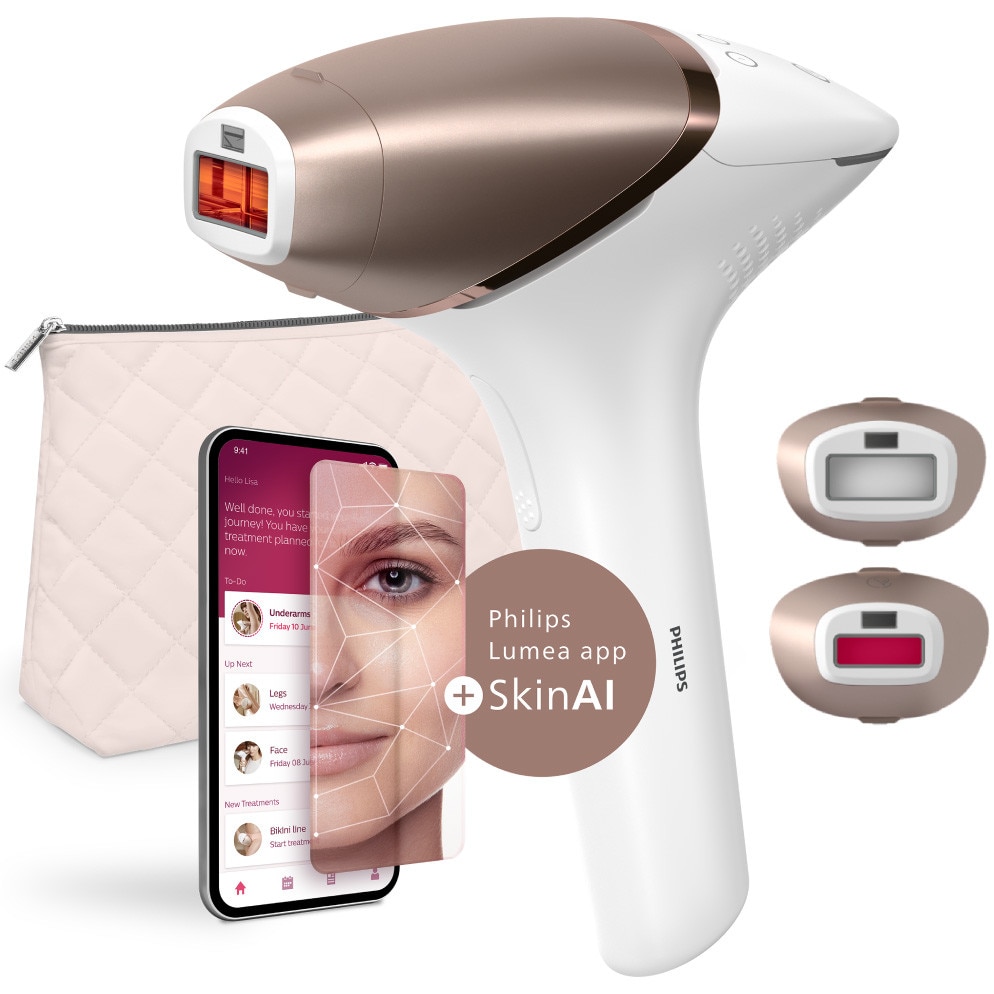 Epilator IPL Philips Lumea Seria 9900 BRI950/01, senzor SmartSkin, conectare la aplicatia cu functia Skin AI, utilizare cu sau fara fir, 450.000 impusuri, accesorii: fata, corp, Ro