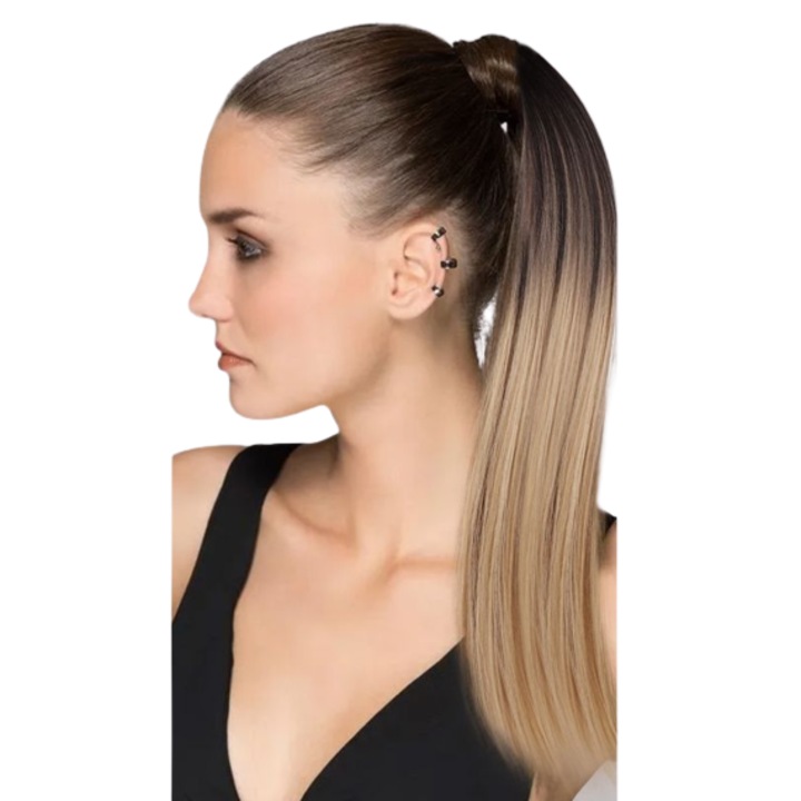 Extensie de par Coada par Ombre Blond Miere, dreapta, cu suvita laterala, 57 cm, Animis Beauty ®, fibra sintetica cu aspect natural