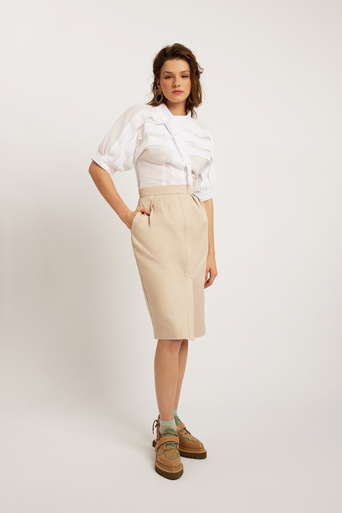 IPANOMI, Fusta cu croiala creion si slit frontal, Bej, L