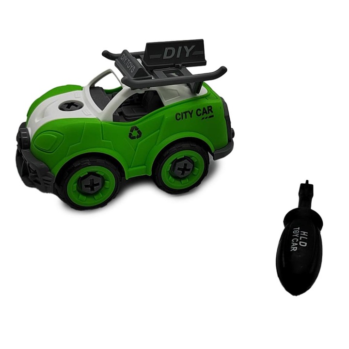 Masinuta din plastic, DIY Traffic Assembled, 11.5 cm x 8 cm, Verde, cu surubelnita inclusa, VisionXXI