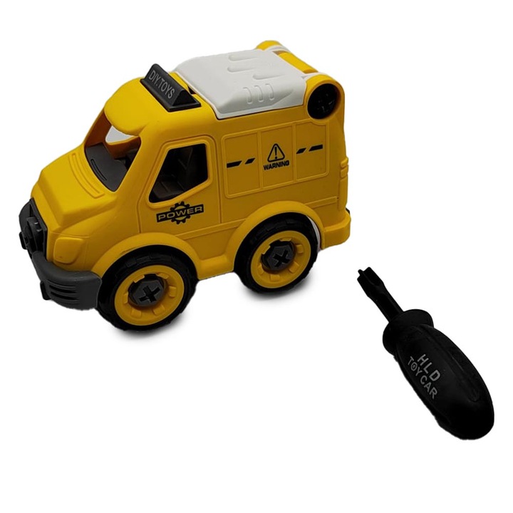 Masinuta din plastic, DIY Traffic Assembled, 11.5 cm x 8 cm, Galben, cu surubelnita inclusa, VisionXXI