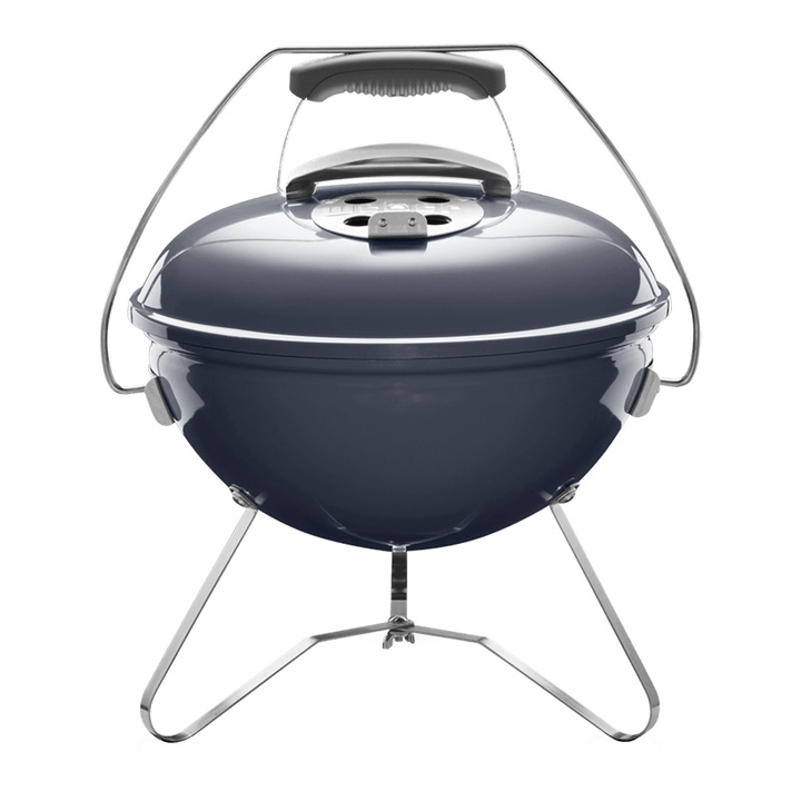 Gratar cu carbune model Smokey Joe, Weber, Email portelan/Aluminiu, Diametru 37 cm, Gri/Albastru,