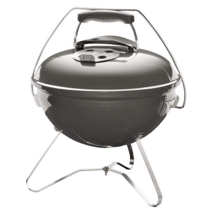 Gratar cu carbune model Smokey Joe, Weber, Aluminiu/Email portelan, Portabil, Diametru 37 cm, Gri inchis