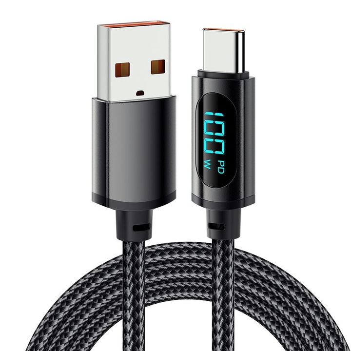 USB кабел, JESWO, Бързо зареждане за цифров дисплей, 100W, Черен