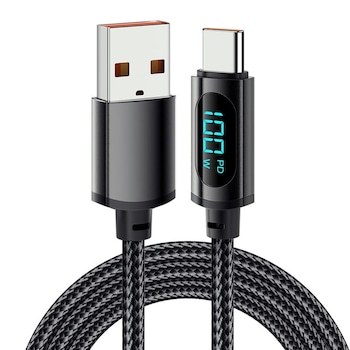 Cablu date USB 2.0, JESWO®, USB la USB Type-C, 100W Fast Charging, Afisaj LED, 2m, Negru