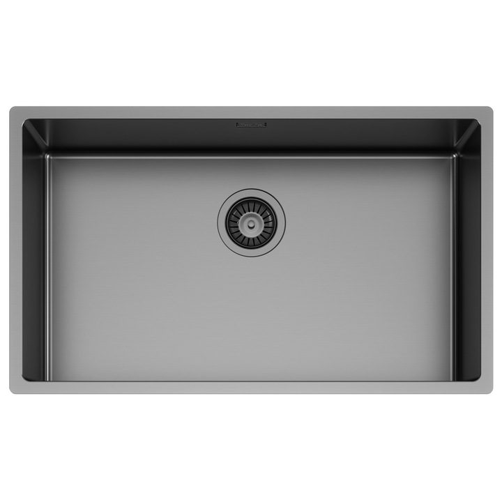 Chiuveta bucatarie inox CookingAid Tasca Canova CA70 Gun Metal, 740 x 440 x 200mm, cu strat PVD ceramic culoare gri inchis spre negru antracit, cu montaj pe blat, sub blat sau la nivelul blatului si accesorii montaj