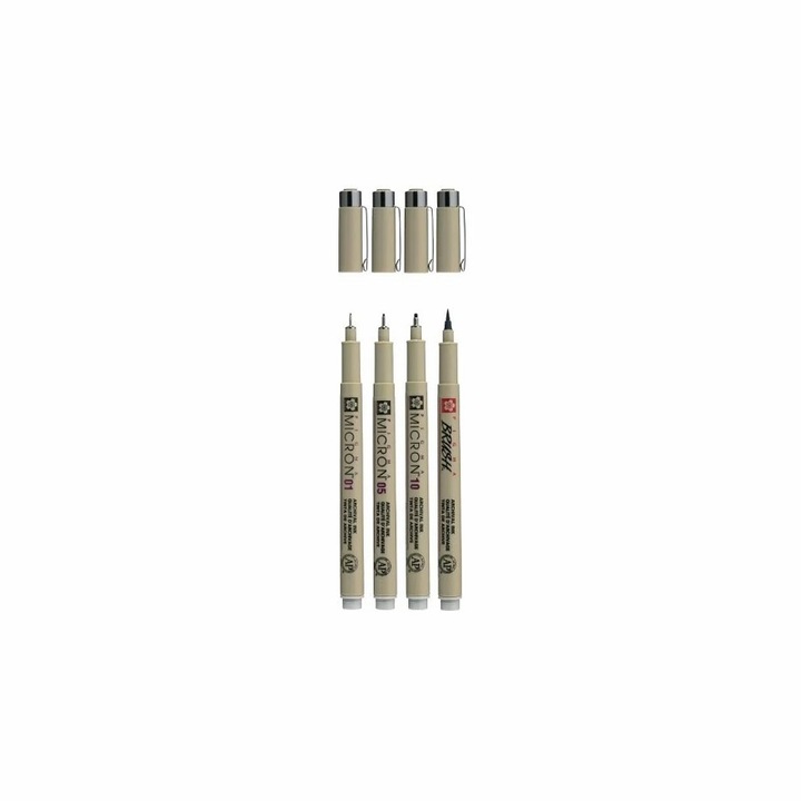 3 db-os Sakura Pigma Micron tűfilc készlet, 1 db ecsettoll, szürke színek