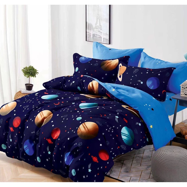 Комплект фино бельо, 6 части, за двойно легло, 4 калъфки за възглавница, 220 x 230 см, син с планети