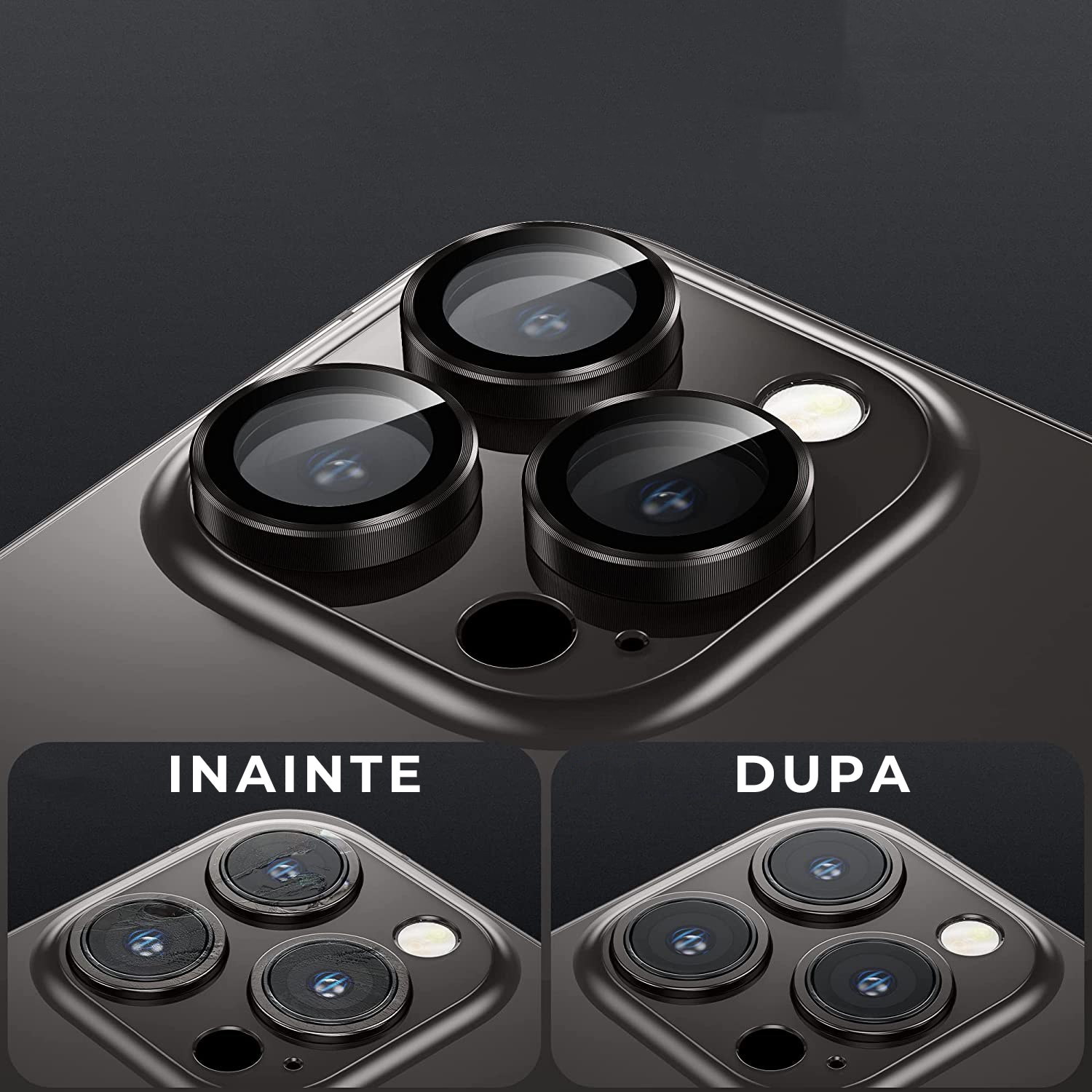 Folie Camera Daden din sticla pentru iPhone 15 Pro/15 Pro Max, Full Cover, Protectie Profesionala, Ultra Rezistenta, Calitate Premium, Negru